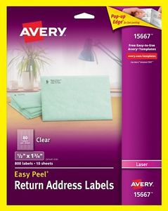 Avery 15667 Clear Address Labels 1/2&#034; x 1-3/4&#034; Easy Peel 800 Labels /10 Sheets