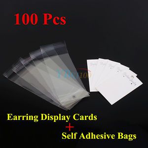100pcs 5cmx9cm white jewelry ear studs earring display cards + self adhesive bag for sale