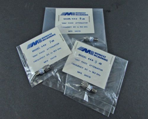 Set of (3) Midwest Microwave Attenuator Connectors 44-7  SMA M-F 7,8,9dB