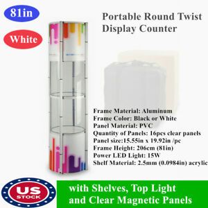 US 81&#034; Portable Spiral Tower Display Case with Shelves ,Top Light ,Clear Panels