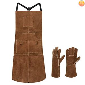 Length 42&#034; 6 Pockets Leather Welding Apron &amp; Welding Gloves Cowhide Brown