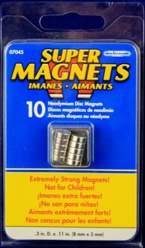 Neodymium disc magnets pk/10 incredibly strong .3x.11in for sale
