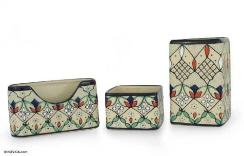 Ceramic Desk Set 3 Piece Handmade &#039;Florid Palette&#039; NOVICA Mexico