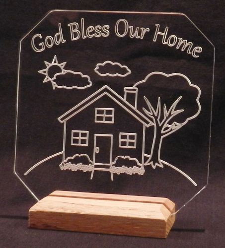 God Bless Our Home Engraved Acrylic Plaque with oak wood base - FREE SHIPPING