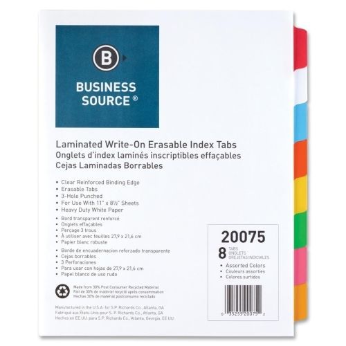 Business source laminated tab index - 8/set- multicolor tab - bsn20075 for sale