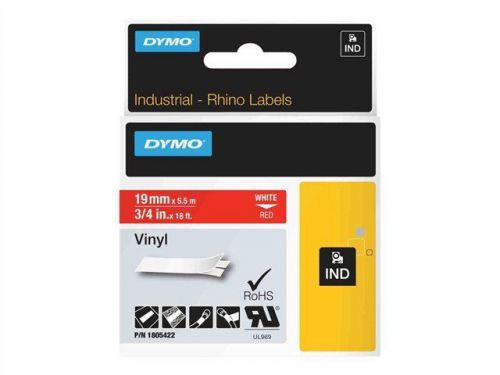 Dymo rhino coloured vinyl - permanent adhesive vinyl tape - white on red 1805422 for sale