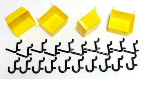 10 yellow bins &amp; 40  peg hooks - garage tool board storage, craft organizer new! for sale