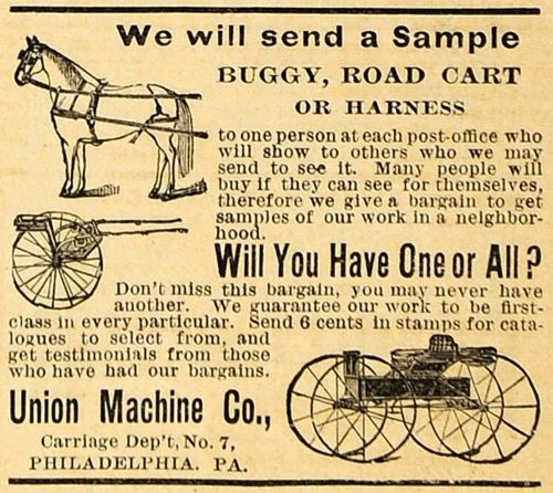 1890 ad union machine antique buggy road cart horse harness equestrian aag1 for sale