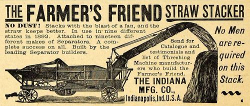 1892 Ad Straw Stacker Machine Farmer&#039;s Friend Indiana Agriculture Machinery AAG1