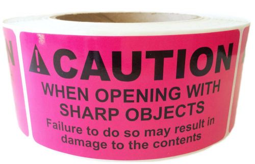 Pink &#034;Caution When Opening with Sharp Objects May Damage&#034; Label - 4&#034; by 2&#034; - 500