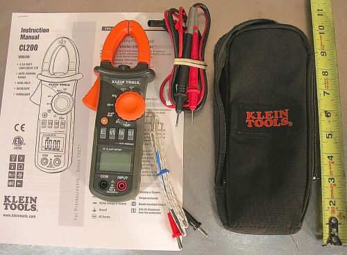 KLEIN TOOLS MODEL CL200 AC CLAMP METER WITH LEADS, TEMPERATURE PROBE &amp; SOFT CASE