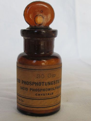 Phosphotungstic Acid Merck Antique Amber Glass Bottle &amp; Stopper 30gm Old Chemist