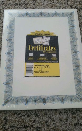 25 sheets  GEOGRAPHICS AWARD CERTIFICATES BLUE BORDER.  8 1/2 x 11 paper.