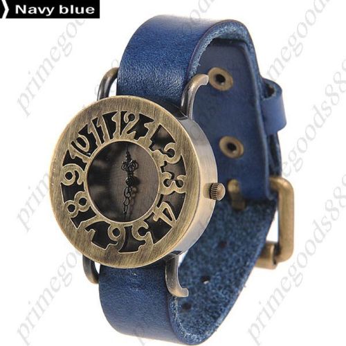 Hollow Out Retro Style Round PU Leather Quartz Wrist Wristwatch Women&#039;s Blue