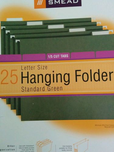 Smead 25 letter size hanging folders standard green 1/5 cut tabs