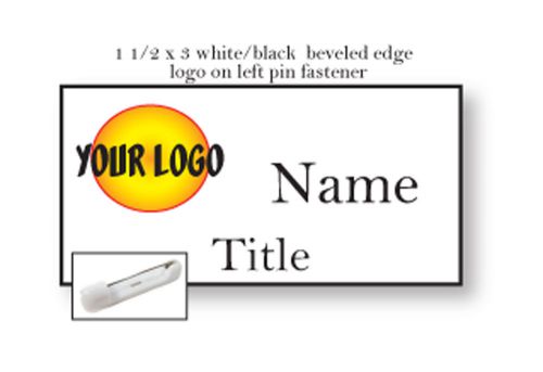 1 WHITE BLACK NAME BADGE COLOR LOGO LEFT SIDE 2 LINES OF IMPRINT PIN FASTENER