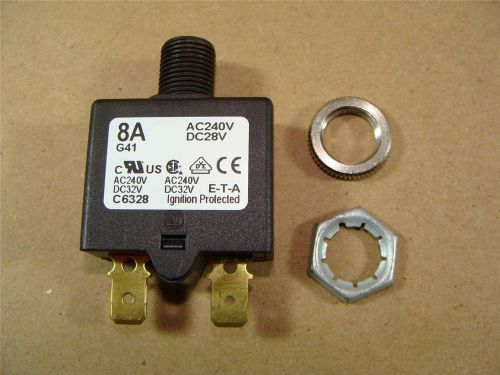New eta e-t-a 8 amp type 1658 push to reset circuit breaker w/ knurled &amp; pal nut for sale