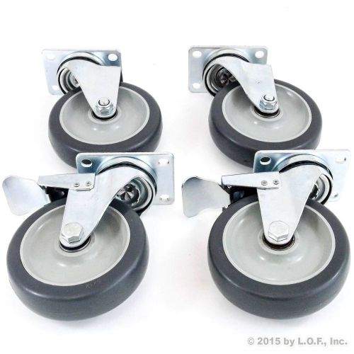 Set of 4 Plate Caster with 5&#034; Polyurethane Wheels All Swivel 2 Brake and Casters