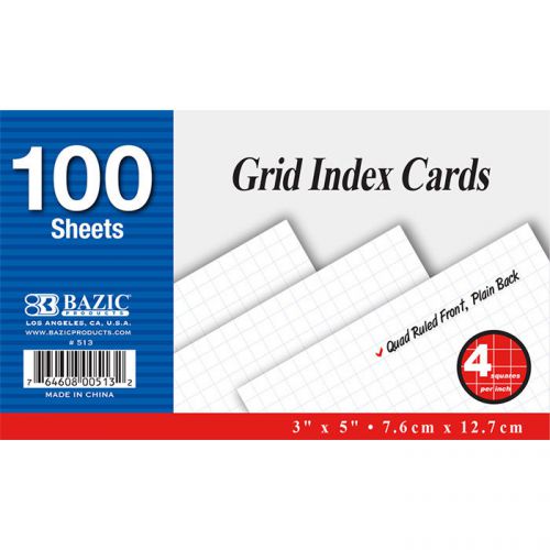 BAZIC 100 Ct. 3&#034; X 5&#034; Quad Ruled 4-1&#034; White Index Card  of-36