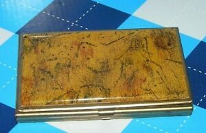 Vtg ~ Gold Toned Metal Business Card Holder W/ Unique Design Hinged Lid Top