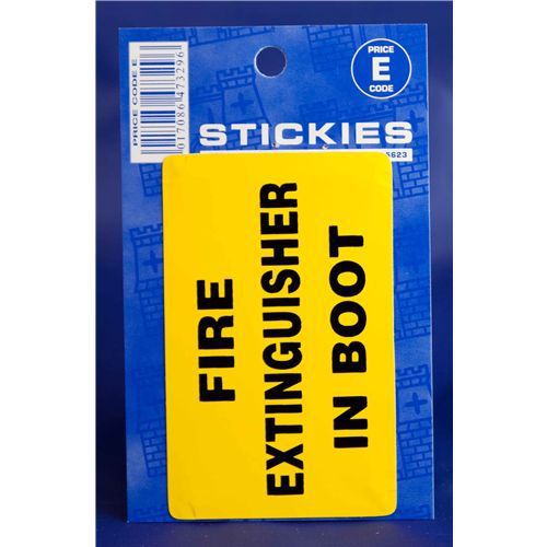 Yellow fire extinguisher in boot reminder notice rectangular sticker car vehicle for sale