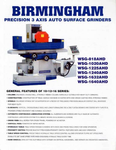 10&#034; w 20&#034; l birmingham wsg-1020ahd 3 axis automatic surface grinder, magnetic ch for sale