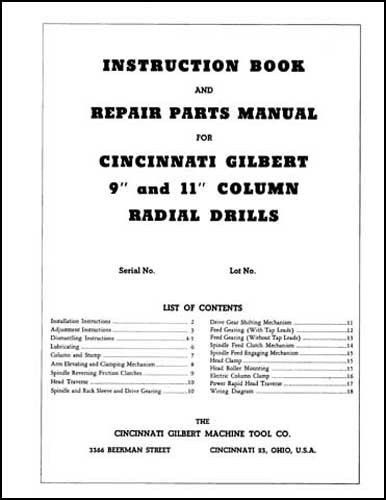 Cincinnati Gilbert Radial Drill  9 &amp; 11 Inch Manual