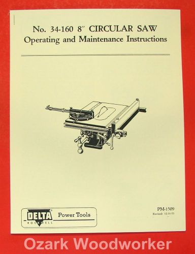 DELTA-ROCKWELL 8&#034; Tilting Table Saw 34-160 &amp; 860 Operator &amp; Part Manual 0249