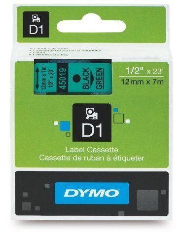 DYMO D1 Standard Tape Cartridge, 1/2in x 23ft, Black on Green DYM45019, 5 Each