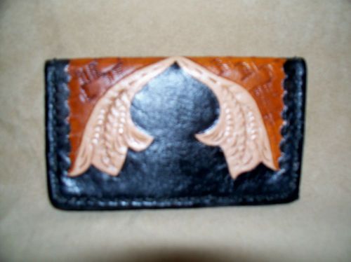 NEW HAND CARVED BLACK &amp; BROWN LEATHER BUSINESS CARD CASE - SHIPS FREE!