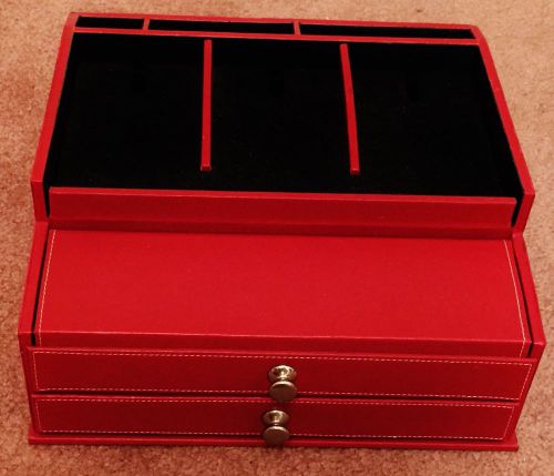 Red Black Leather Desktop Storage Cord Organizer 3 Drawers 6 Divided Compartment