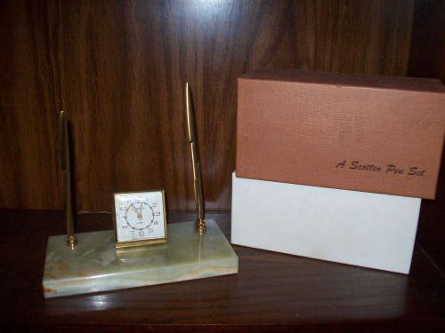 Scottco Pen Set on Marble Base, with 2 pens and clock.