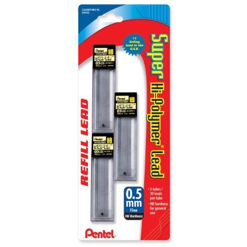 Pentel super hi-polymer lead - 0.50 mm - fine point - hb - black - (c25bphb3k6) for sale