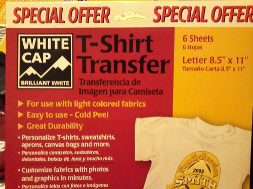 white cap Iron On Heat T-Shirt Inkjet Heat Transfer paper 8.5 x 11  6 Pack