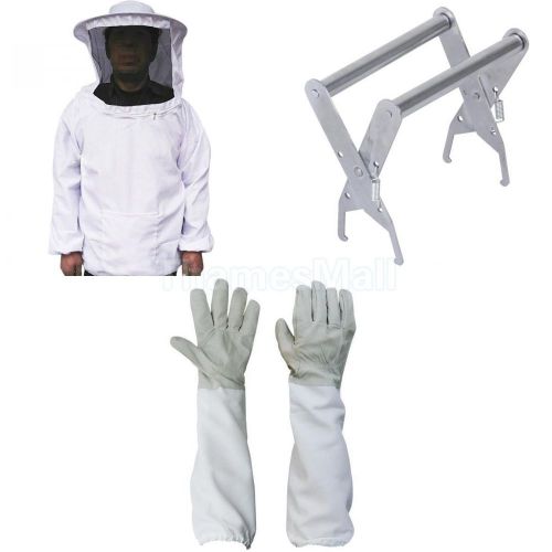 Beekeeping Veil Smock Long Sleeves Suit + Goatskin Leather Gloves +Bee Hive Grip