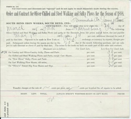 Order and Contract - OLIVER-CASSIDY SULKY PLOW - Numidia, Pa -1888