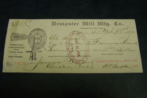 Vintage 1890 &#039; Dempster Mill Mfg Co &#039;  Check * Signed by A. R. Dempster * Rare!