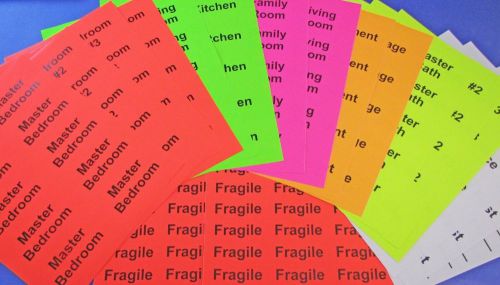Color Coded Moving Labels Kit 4&#034; x 2&#034; Fluorescent Room Labels 18 Sheets # 4020RL