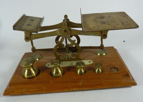 Vintage Brass and Wood Postal Scales with Brass Weights