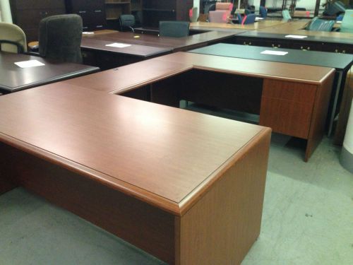 U-shape desk by kimball office furniture in cherry color laminate for sale