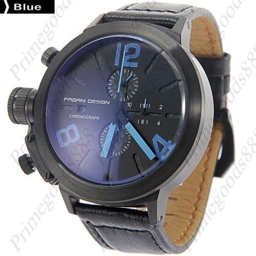 High End Black Face Leather Quartz Sub Dials Date Men&#039;s Wrist Wristwatch Blue