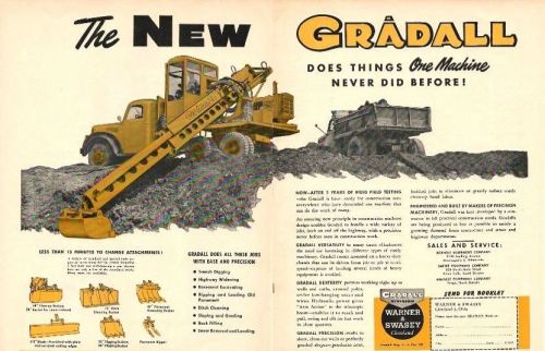 1947 GRADALL ad, several features and 6 attachments shown, nice dbl-pg color