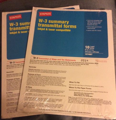 2014 W-3 Summary Transmittal Forms, 2 packs of (10) 1-part forms
