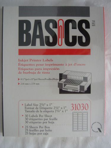 BASICS Inkjet  Printer Labels 2 5/8&#034; x 1&#034; , 30 Per Sheet, 25 Sheets,  New sealed