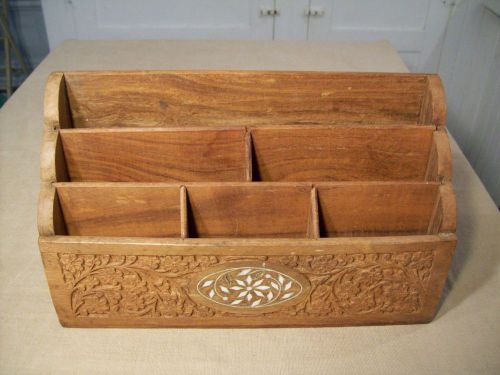 Vtg Wood Hand Carved Desk Letter Mail Organizer w/ Inlay INDIA Wooden