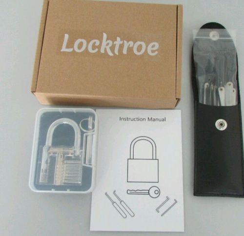 15 piece locksmith training practice  set + clear transparent cutaway padlock