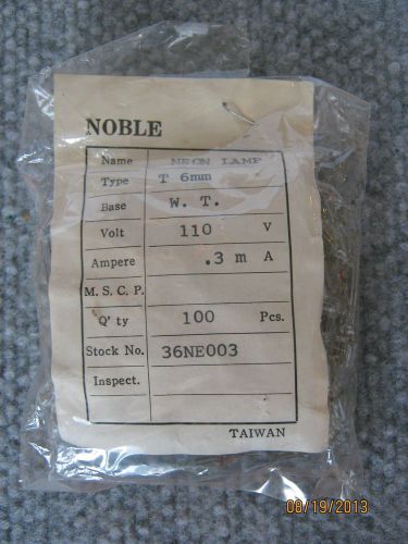 New NOS Noble T 6mm 110 Volt .3mA 100 Piece Wire End Neon Lamp