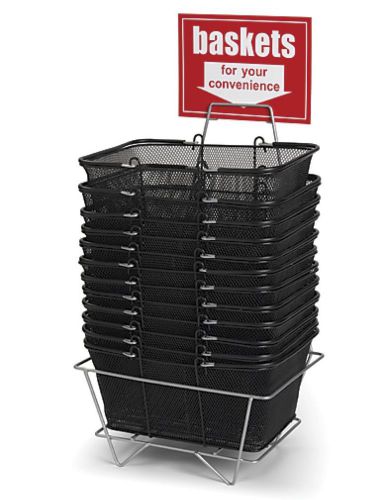 12 Set Black Metal Mesh SHOPPING Hand BASKET ~ With STAND &amp; SIGN New DURABLE
