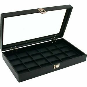 24 Slot Jewelry Coin Black Display Tray Glass Lid Case