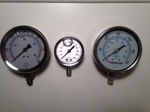 3 new liquid filled  s/s 0-600 psi gauges weksler 2 1/2, ashcroft 4&#034;, bar 4&#034; for sale